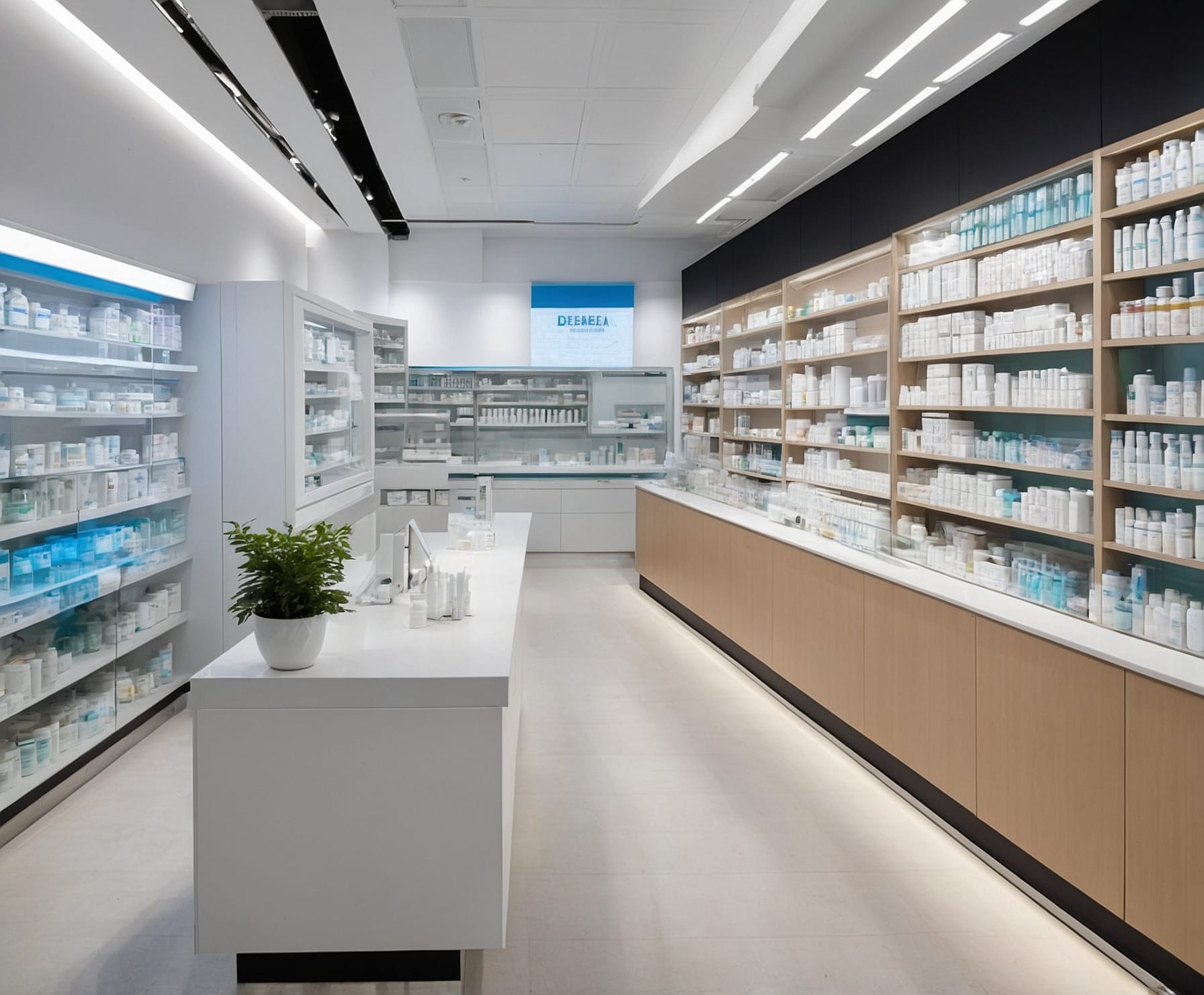 Imagen de una farmacia moderna y organizada.